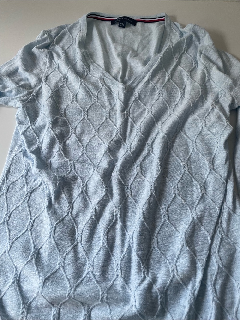 Tommy Hilfiger Pale Blue V-Neck Diamond Cable Knit Sweater